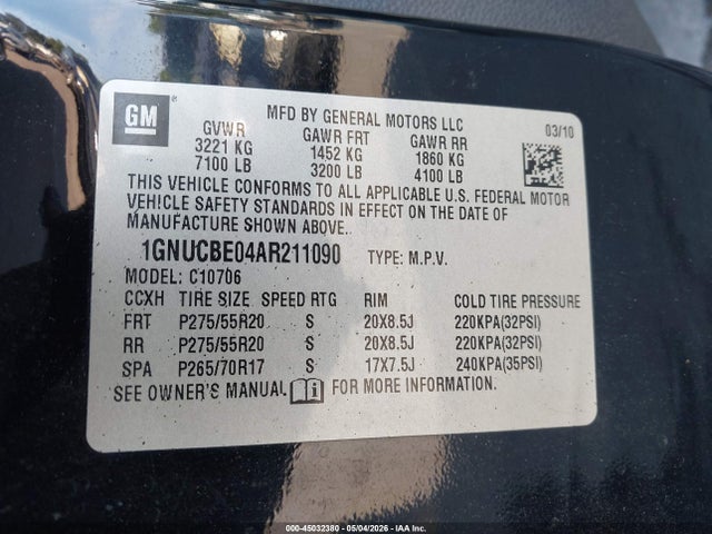 Auction sale of the 2010 Chevrolet Tahoe Lt, vin: 1GNUCBE04AR211090, lot number: 45032380