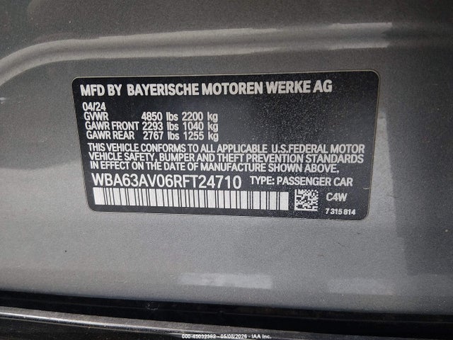 2024 Bmw 430i Gran Coupe მანქანა იყიდება აუქციონზე, vin: WBA63AV06RFT24710, აუქციონის ნომერი: 45032382