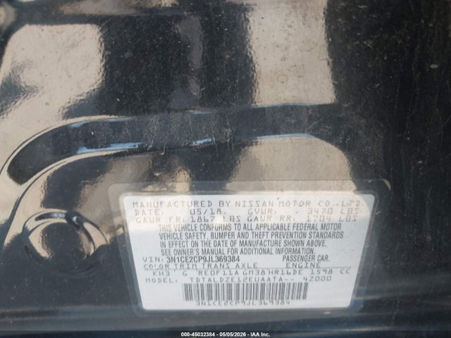 Продаж на аукціоні авто 2018 Nissan Versa Note Sv, vin: 3N1CE2CP9JL369384, номер лоту: 45032384