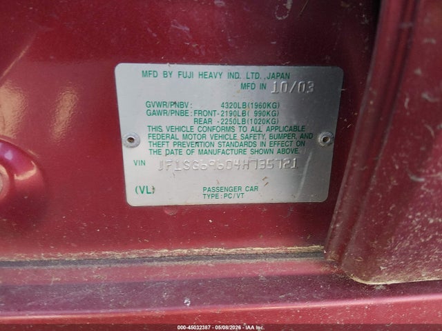 45032387 :رقم المزاد ، JF1SG69604H735721 vin ، 2004 Subaru Forester 2.5xt مزاد بيع