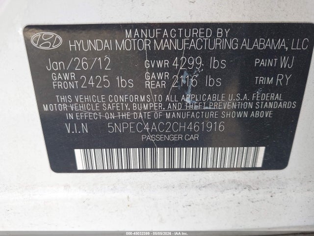 Aukcja sprzedaży 2012 Hyundai Sonata Se, vin: 5NPEC4AC2CH461916, numer aukcji: 45032399