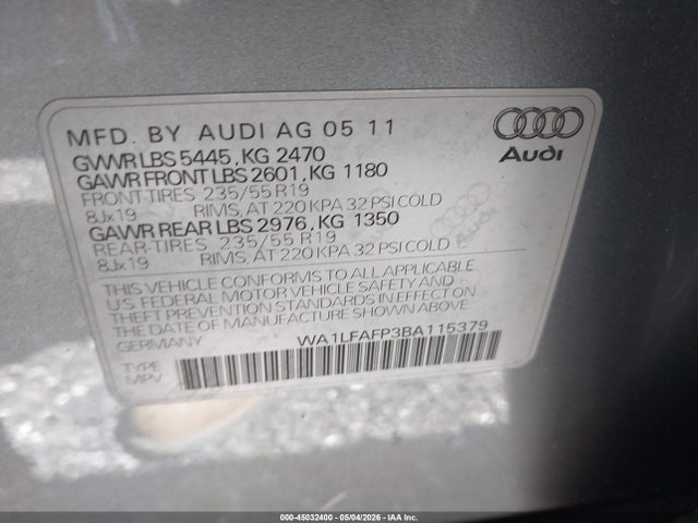 45032400 :رقم المزاد ، WA1LFAFP3BA115379 vin ، 2011 Audi Q5 2.0t Premium مزاد بيع