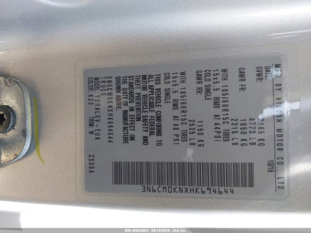 45032403 :رقم المزاد ، 3N6CM0KNXHK694644 vin ، 2017 Nissan Nv200 Sv مزاد بيع