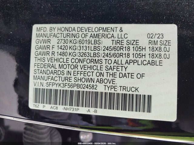 45032405 :رقم المزاد ، 5FPYK3F56PB024582 vin ، 2023 Honda Ridgeline Rtl مزاد بيع