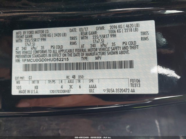 Aukcja sprzedaży 2017 Ford Escape Se, vin: 1FMCU0GD0HUD52215, numer aukcji: 45032409