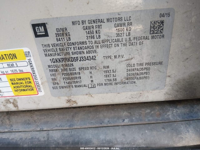 1GKKRRKD5FJ334342 GMC Acadia Slt-1
