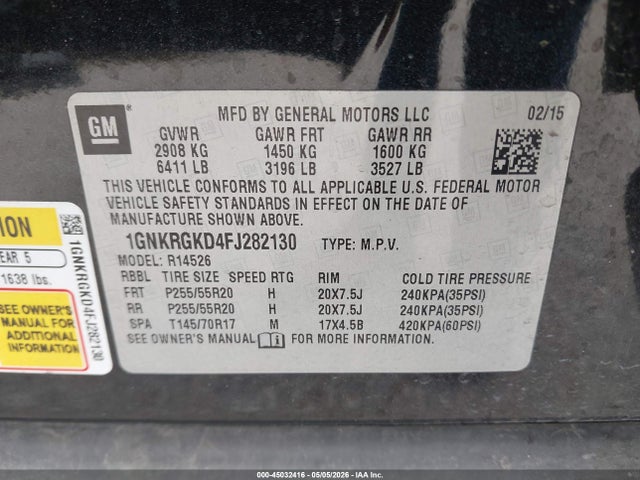 2015 Chevrolet Traverse 1lt მანქანა იყიდება აუქციონზე, vin: 1GNKRGKD4FJ282130, აუქციონის ნომერი: 45032416
