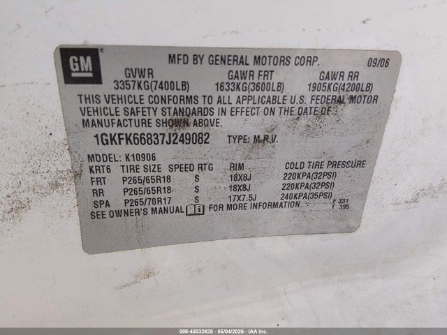 2007 Gmc Yukon Xl 1500 Denali მანქანა იყიდება აუქციონზე, vin: 1GKFK66837J249082, აუქციონის ნომერი: 45032428