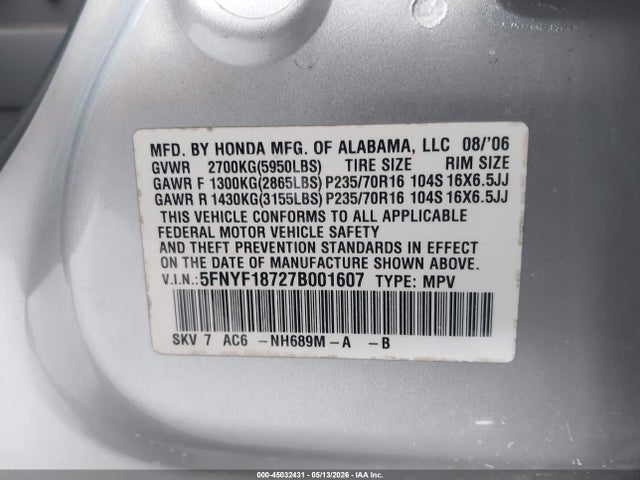 Продажа на аукционе авто 2007 Honda Pilot Ex-l, vin: 5FNYF18727B001607, номер лота: 45032431