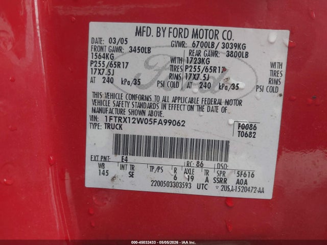 Продажа на аукционе авто 2005 Ford F-150 Stx/xl/xlt, vin: 1FTRX12W05FA99062, номер лота: 45032433