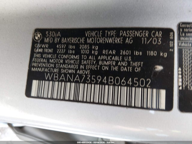 Aukcja sprzedaży 2004 Bmw 530i, vin: WBANA73594B064502, numer aukcji: 45032436