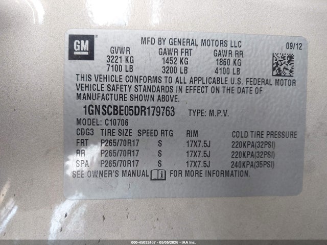 45032437 :رقم المزاد ، 1GNSCBE05DR179763 vin ، 2013 Chevrolet Tahoe Lt مزاد بيع