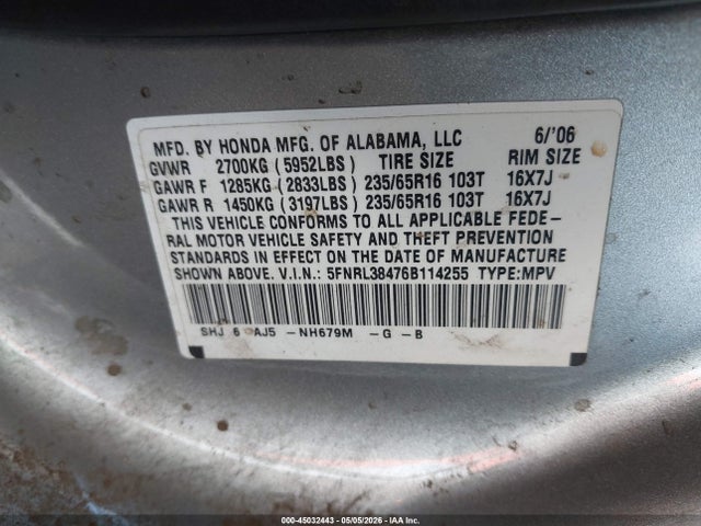 Aukcja sprzedaży 2006 Honda Odyssey Ex, vin: 5FNRL38476B114255, numer aukcji: 45032443