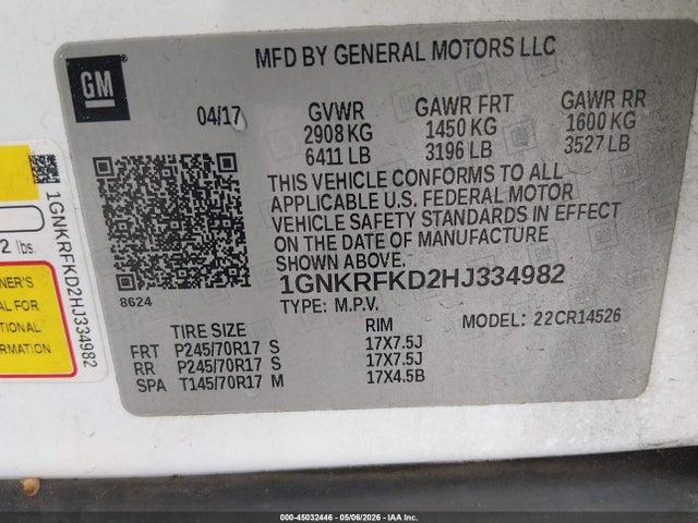 Aukcja sprzedaży 2017 Chevrolet Traverse Ls, vin: 1GNKRFKD2HJ334982, numer aukcji: 45032446