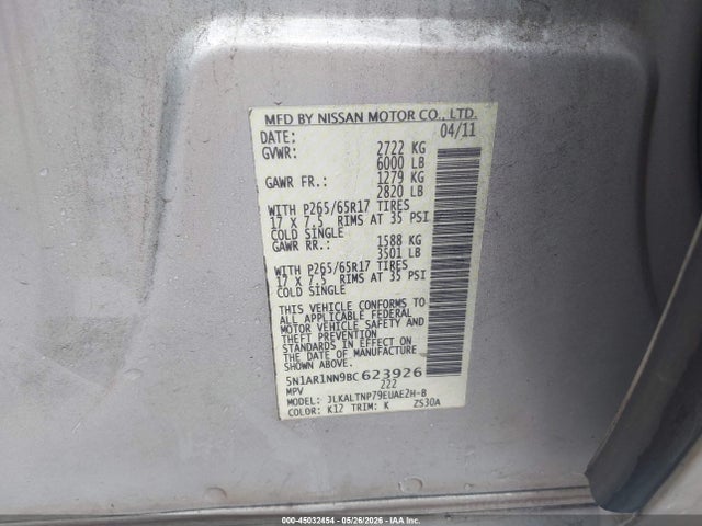 2011 Nissan Pathfinder Silver მანქანა იყიდება აუქციონზე, vin: 5N1AR1NN9BC623926, აუქციონის ნომერი: 45032454