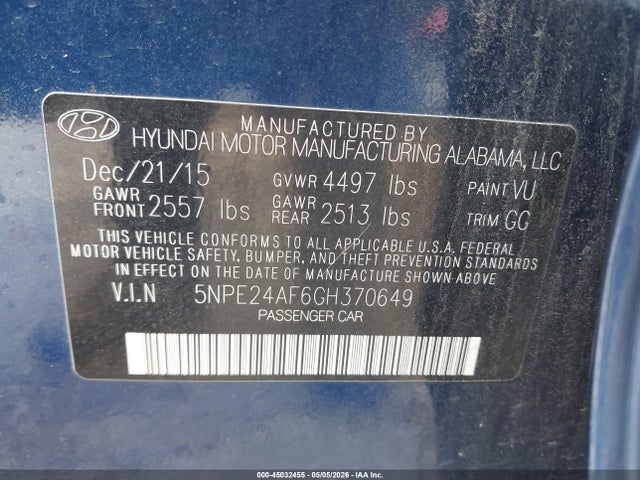 Aukcja sprzedaży 2016 Hyundai Sonata Se, vin: 5NPE24AF6GH370649, numer aukcji: 45032455