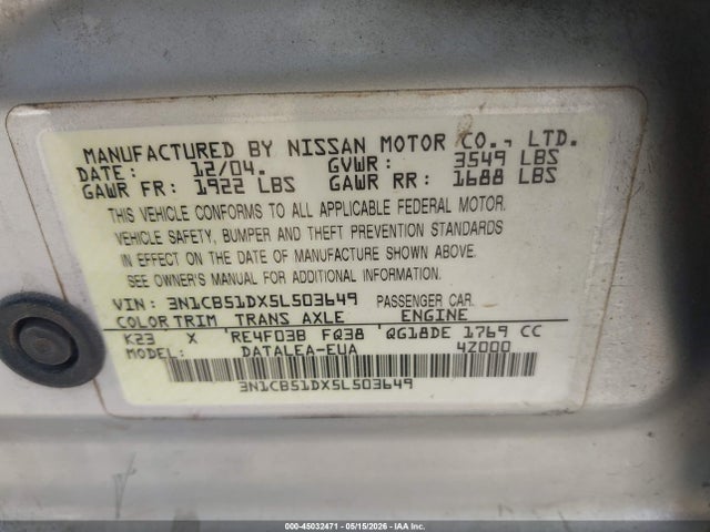 2005 Nissan Sentra 1.8s მანქანა იყიდება აუქციონზე, vin: 3N1CB51DX5L503649, აუქციონის ნომერი: 45032471