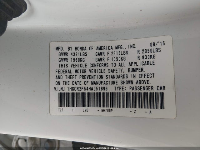 Продажа на аукционе авто 2017 Honda Accord Sport, vin: 1HGCR2F54HA051896, номер лота: 45032474