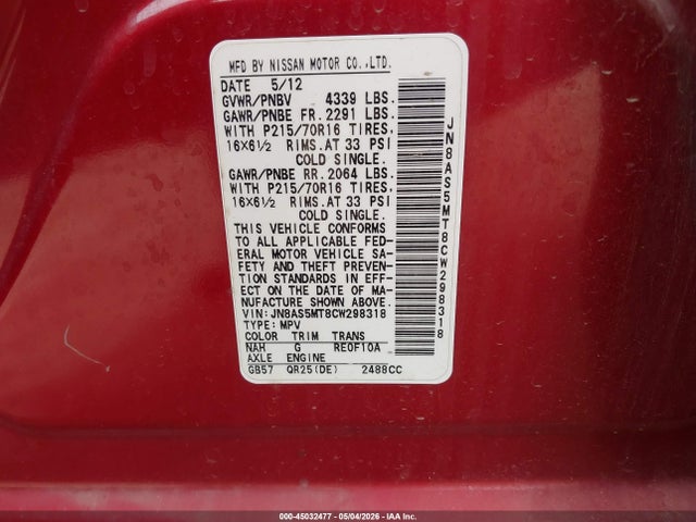 45032477 :رقم المزاد ، JN8AS5MT8CW298318 vin ، 2012 Nissan Rogue S مزاد بيع