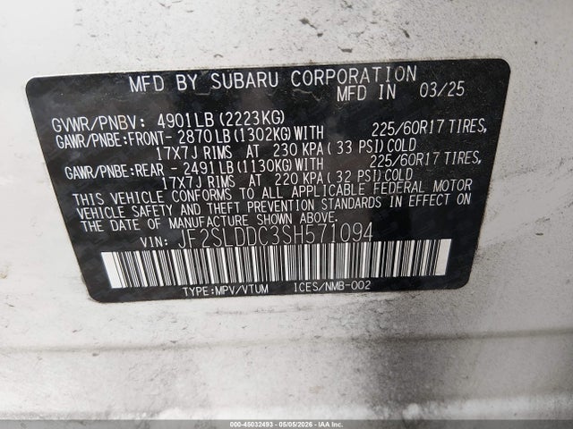 2025 Subaru Forester Premium მანქანა იყიდება აუქციონზე, vin: JF2SLDDC3SH571094, აუქციონის ნომერი: 45032493