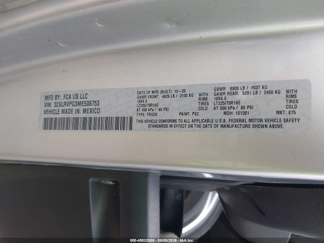 Продажа на аукционе авто 2021 Ram Promaster 2500 Window Van High Roof 159 Wb, vin: 3C6LRVPG3ME506753, номер лота: 45032500