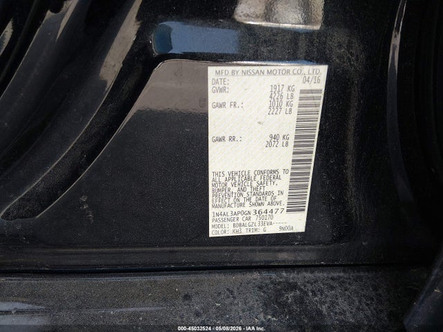 Aukcja sprzedaży 2016 Nissan Altima 2.5/2.5 S/2.5 Sl/2.5 Sr/2.5 Sv, vin: 1N4AL3AP0GN364477, numer aukcji: 45032524