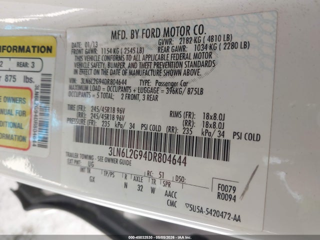 45032530 :رقم المزاد ، 3LN6L2G94DR804644 vin ، 2013 Lincoln Mkz مزاد بيع