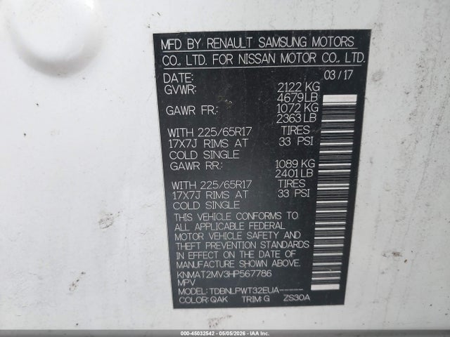 2017 Nissan Rogue S მანქანა იყიდება აუქციონზე, vin: KNMAT2MV3HP567786, აუქციონის ნომერი: 45032542
