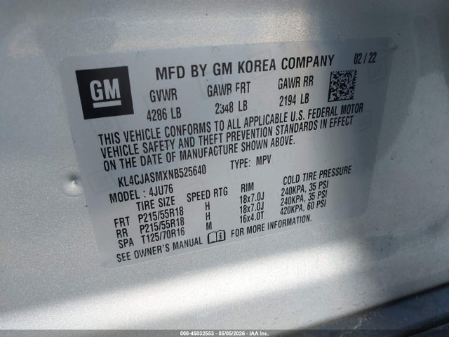 Продаж на аукціоні авто 2022 Buick Encore Fwd Preferred, vin: KL4CJASMXNB525640, номер лоту: 45032553