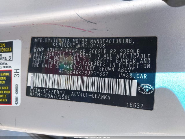 Продаж на аукціоні авто 2008 Toyota Camry Le, vin: 4T1BE46K78U261667, номер лоту: 45032556