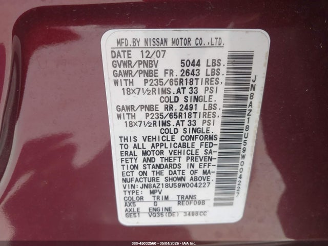 Aukcja sprzedaży 2009 Nissan Murano Sl, vin: JN8AZ18U59W004227, numer aukcji: 45032560