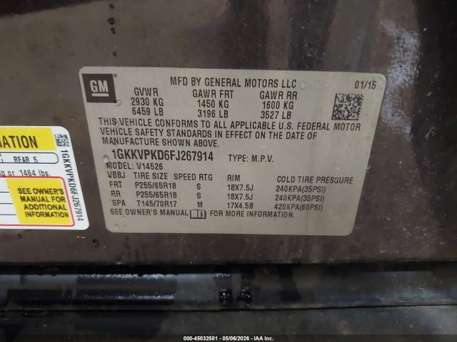 Aukcja sprzedaży 2015 Gmc Acadia Sle-2, vin: 1GKKVPKD6FJ267914, numer aukcji: 45032581