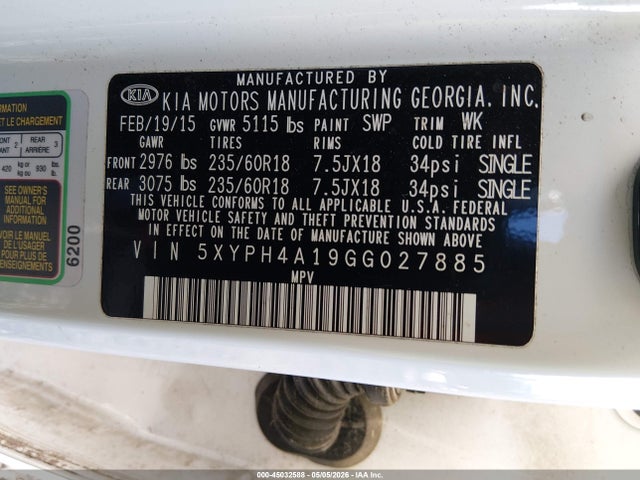2016 Kia Sorento 2.0t Ex მანქანა იყიდება აუქციონზე, vin: 5XYPH4A19GG027885, აუქციონის ნომერი: 45032588