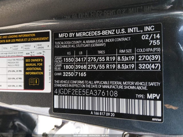 45032599 :رقم المزاد ، 4JGDF2EE5EA376108 vin ، 2014 Mercedes-benz Gl 350 Bluetec 4matic مزاد بيع