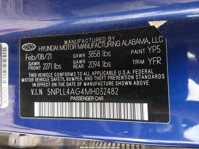 5NPLL4AG4MH032482 Hyundai ELANTRA SE
