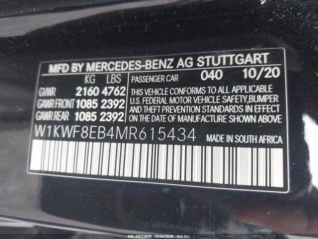 2021 Mercedes-benz C 300 4matic მანქანა იყიდება აუქციონზე, vin: W1KWF8EB4MR615434, აუქციონის ნომერი: 45032609