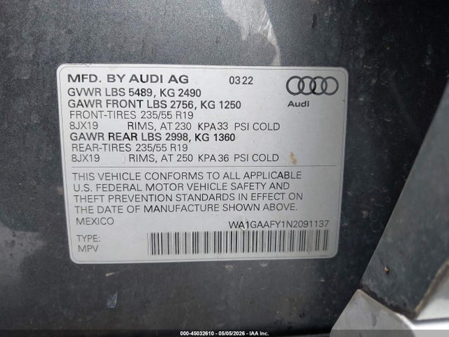 2022 Audi Q5 Premium 45 Tfsi S Line Quattro S Tronic მანქანა იყიდება აუქციონზე, vin: WA1GAAFY1N2091137, აუქციონის ნომერი: 45032610