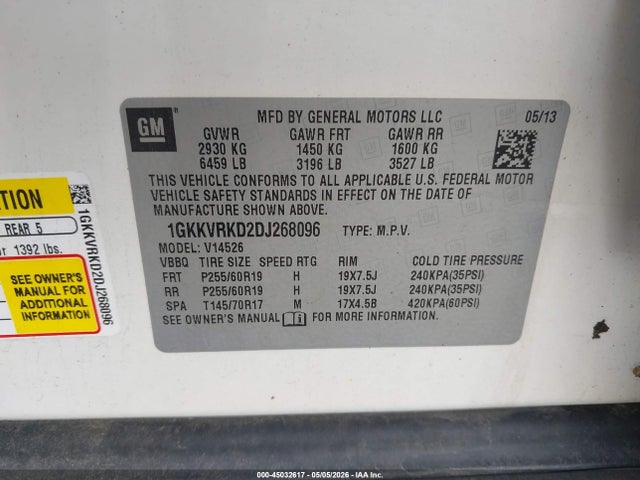 Aukcja sprzedaży 2013 Gmc Acadia Slt-1, vin: 1GKKVRKD2DJ268096, numer aukcji: 45032617