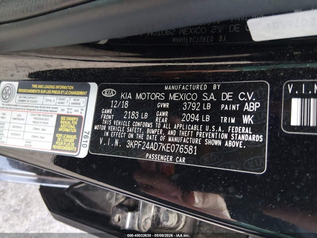 2019 Kia Forte Lxs მანქანა იყიდება აუქციონზე, vin: 3KPF24AD7KE076581, აუქციონის ნომერი: 45032630