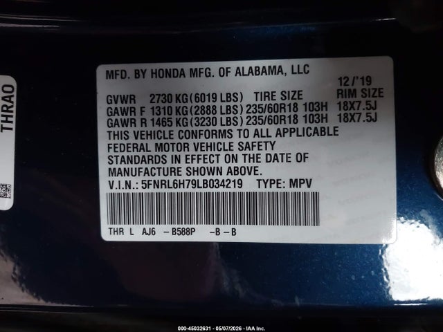 Продаж на аукціоні авто 2020 Honda Odyssey Ex-l/ex-l W/navi   Res, vin: 5FNRL6H79LB034219, номер лоту: 45032631