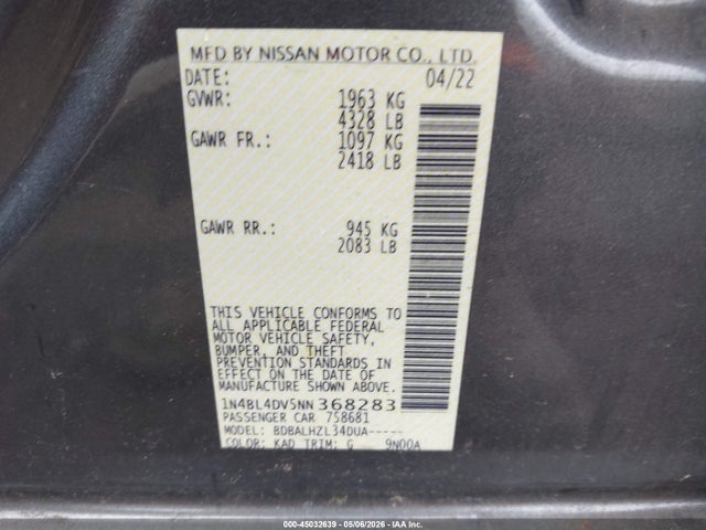 1N4BL4DV5NN368283 Nissan Altima Sv Fwd