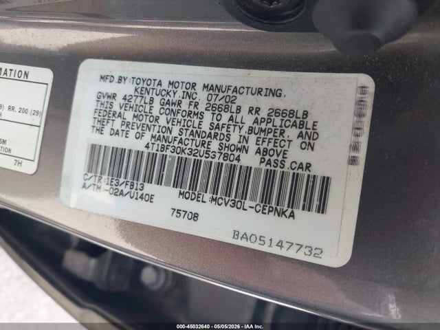 45032640 :رقم المزاد ، 4T1BF30K32U537804 vin ، 2002 Toyota Camry Le V6 مزاد بيع