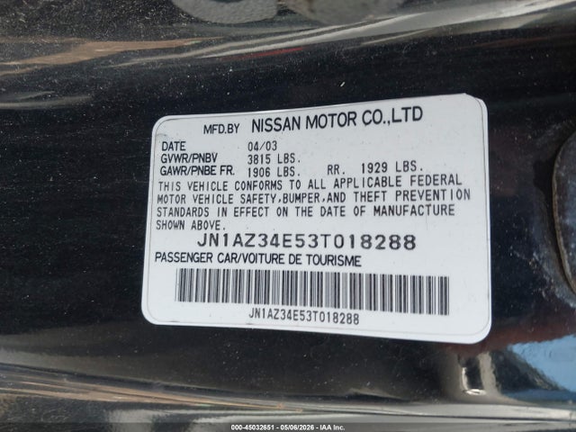 Aukcja sprzedaży 2003 Nissan 350z Touring, vin: JN1AZ34E53T018288, numer aukcji: 45032651
