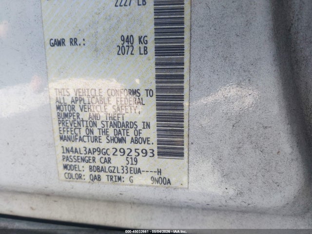 Продажа на аукционе авто 2016 Nissan Altima 2.5 S, vin: 1N4AL3AP9GC292593, номер лота: 45032661