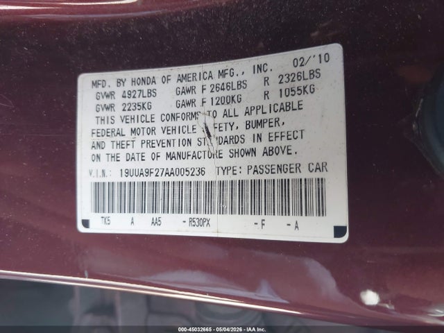 45032665 :رقم المزاد ، 19UUA9F27AA005236 vin ، 2010 Acura Tl 3.7 مزاد بيع