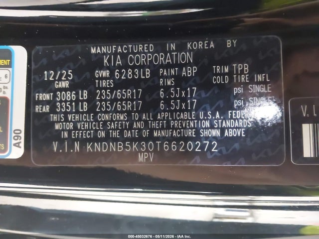 Продажа на аукционе авто 2026 Kia Carnival Mpv Lxs, vin: KNDNB5K30T6620272, номер лота: 45032676