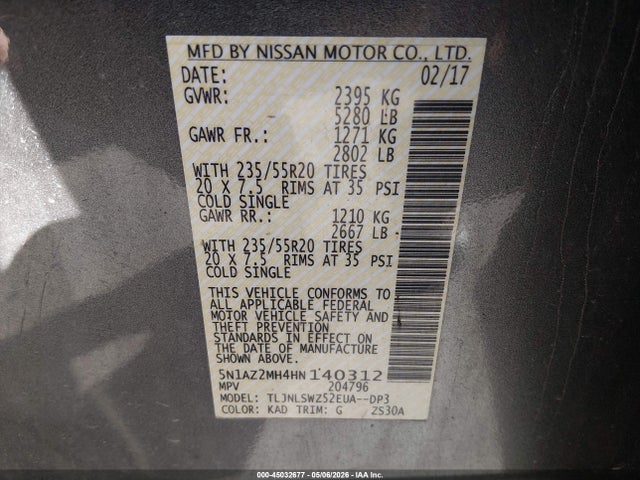 5N1AZ2MH4HN140312 Nissan Murano Platinum