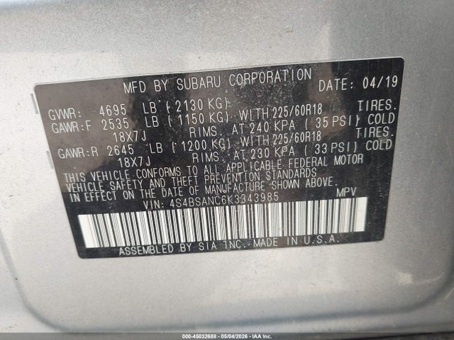 2019 Subaru Outback 2.5i Limited მანქანა იყიდება აუქციონზე, vin: 4S4BSANC6K3343985, აუქციონის ნომერი: 45032688