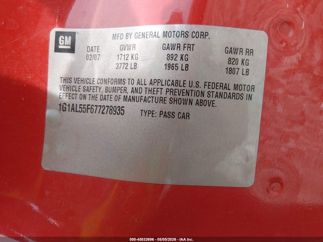 Aukcja sprzedaży 2007 Chevrolet Cobalt Lt, vin: 1G1AL55F677278935, numer aukcji: 45032696