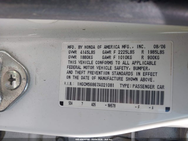 2007 Honda Accord 2.4 Ex მანქანა იყიდება აუქციონზე, vin: 1HGCM56867A021081, აუქციონის ნომერი: 45032709